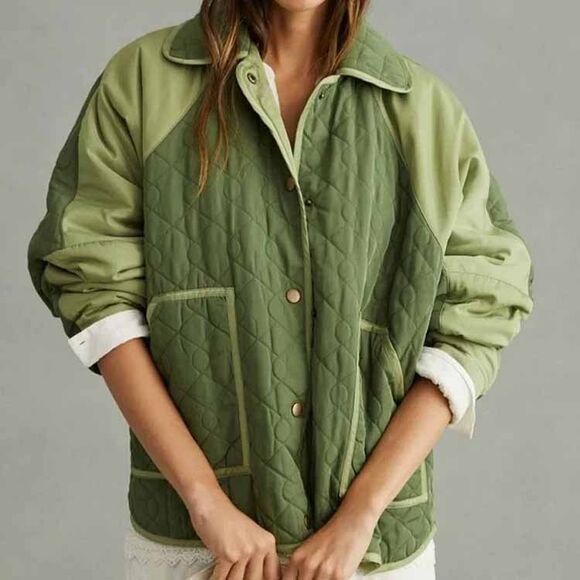 Anthropologie Pilcro Quilted Jacket Sz 1X Olive Green Oversized Cocoon Coat - Picture 1 of 14